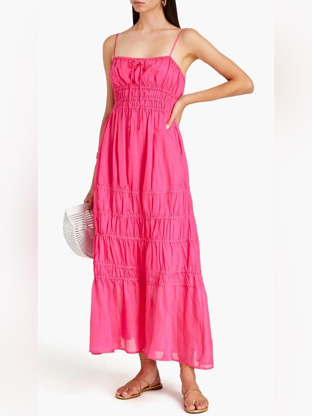 Nicholas Shirred Cotton Poplin Maxi Dress Pink Tie Strap Smocked Size US 4